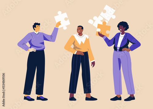 Diverse team connecting puzzle pieces symbolizing collaboration problem solving and strategic partnership for business success with a modern and inclusive