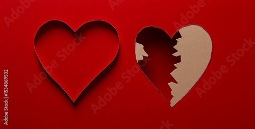 Minimalist red background with heart-shaped cutouts for Valentine's Day, flat lay composition with lots of copy space, romantic theme, simple design, festive decoration, love concept.