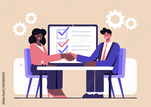 Business Agreement Handshake Illustration Two Professionals Sealing a Deal with Checkmarks and Gears in a Clean Modern Style
