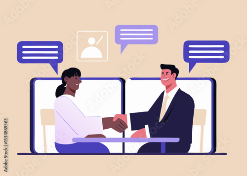 Online Business Meeting Handshake Illustration with Diverse Professionals and Communication Bubbles for Remote Collaboration