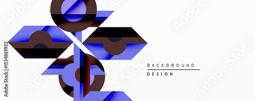 Abstract geometric design features layered blue, maroon shapes. Minimalist composition with dynamic lines creates modern visual impact. White background emphasizes forms.