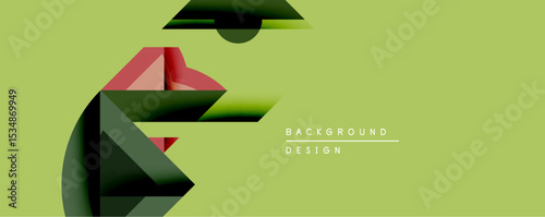 Abstract geometric composition. Shapes overlap, creating dynamic visual effect. Green background complements red, black, olive hues. Modern design element.