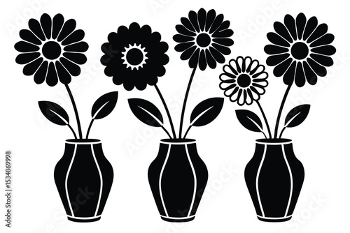 Black and white flowers in vases simple graphic design
