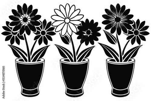 Black and white flowers in vases simple graphic design