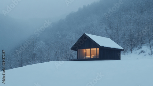 Landscape at either winter evening , with a small house perched on a grassy hill, glowing softly in the cold mountains fade into the background,  snowy sky is a soft blend.