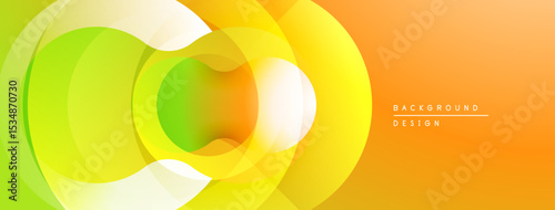 Abstract vibrant layers create flowing gradient effect. Circular shapes blend orange, yellow, green hues. Modern design element.