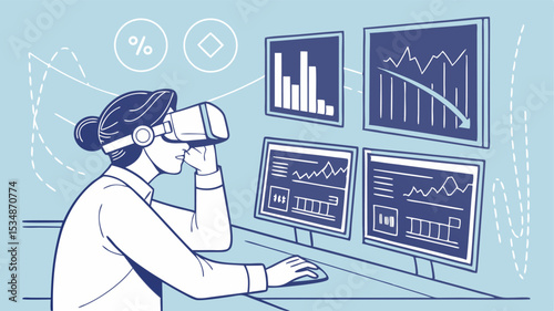 Woman using vr headset analyzing financial data on multiple monitors with charts and graphs displayed