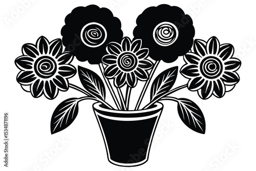 Black and white floral arrangement in a pot illustration