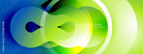Abstract gradient shapes overlap. Vivid blues transition into greens, yellows. Minimalist design suggests modern aesthetic, clean lines.