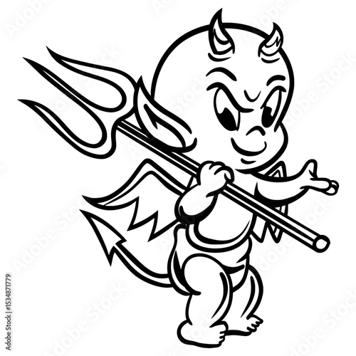 A black line art illustration of a cute, mischievous baby devil character. The cartoon features small horns, bat-like wings, a pointy tail, and is holding a trident. 