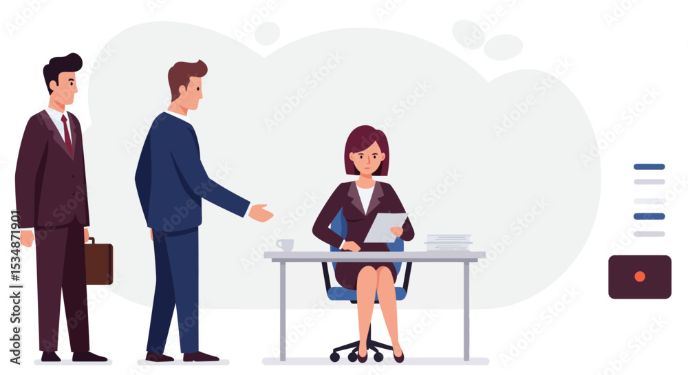 Fototapeta premium Business Job Interview concept. Vector cartoon illustration of two men in suits shaking hands and a woman with documents at a desk. Isolated on background