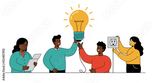 Business Connection Concept. Vector cartoon flat illustration of a group of diverse people successfully connecting a light bulb to an electrical outlet. Isolated on background
