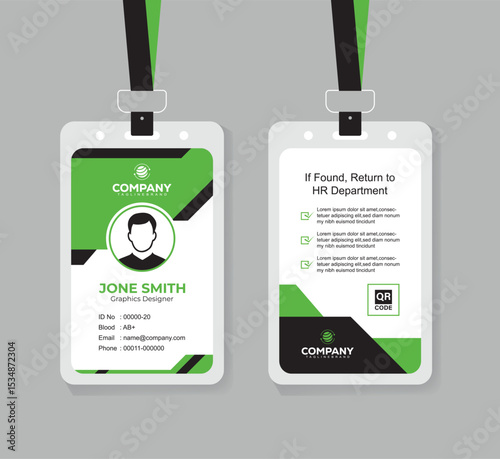 Modern Green and Black ID Card Design Template for Corporate and Office Staff with QR Code and Clean Layout