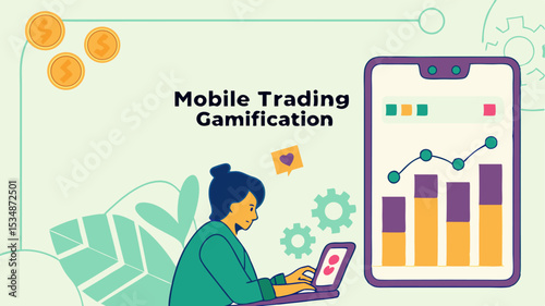 Illustration of a woman using a laptop with a mobile phone displaying a graph and coins in the background