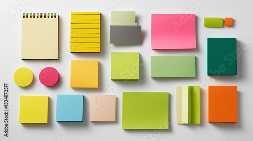 flat lay of sticky notes in various shapes and sizes on pure white background diverse and functional collection great for organizational tools catalogs or office supplies listings 
