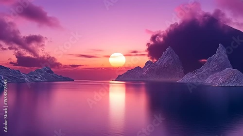 Serene sunset over tranquil waters, with rocky formations silhouetted against vibrant skies