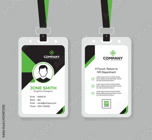 Modern Green and Black ID Card Design Template for Corporate and Office Staff with QR Code and Clean Layout