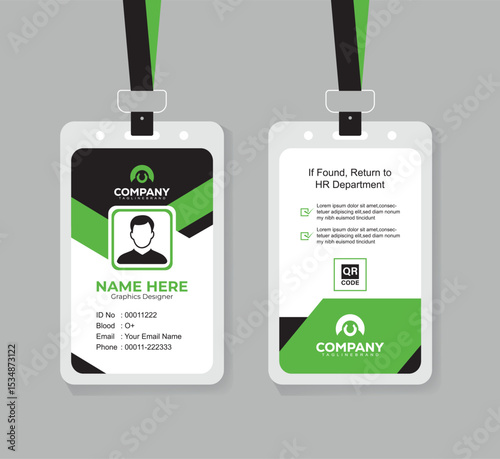 Modern Green and Black ID Card Design Template for Corporate and Office Staff with QR Code and Clean Layout