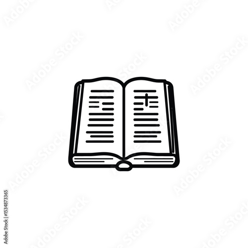 Open Book with a Cross on the Page, Black and White Icon Style
