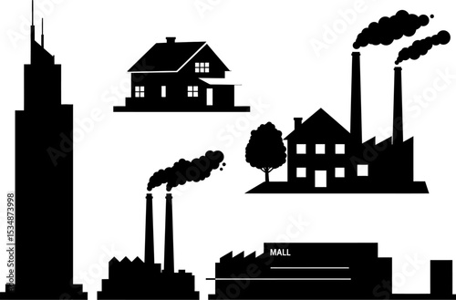 Black and white cityscape silhouette including skyscraper factories house and mall buildings illustration editable stock vector illustration