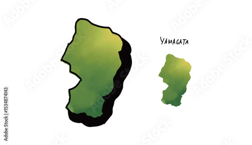 緑の水彩で塗られた山形県の地図の手書きベクターイラスト
