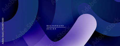 Abstract fluid shapes overlap, creating gradient blue purple backdrop. Modern design suggests depth, movement, visual interest.