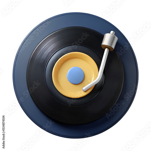 A creatively rendered 3d illustration of a retro turntable vinyl record player isolated on a black background.
