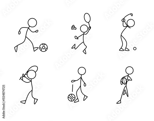 Stickman with sport poses, minimalist vector line art icons of soccer, basketball, rugby, golf, and tennis