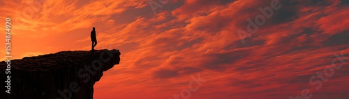 Silhouette of person standing on a cliff at sunset.