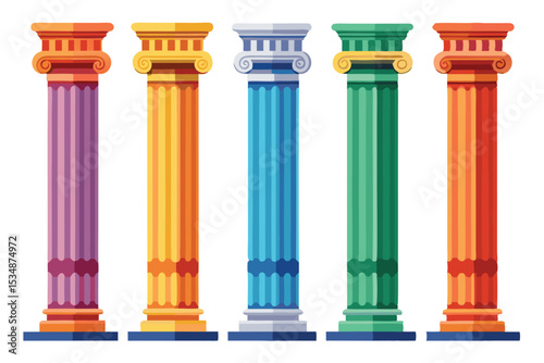 Five colorful classical columns in a row on white background
