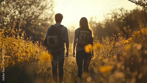 Couple Backpacking Hike Through Sunset Field