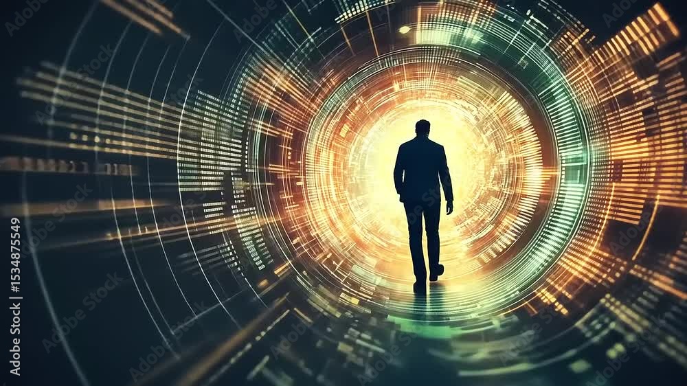 Silhouette of a person walking through a futuristic digital tunnel filled with glowing data streams