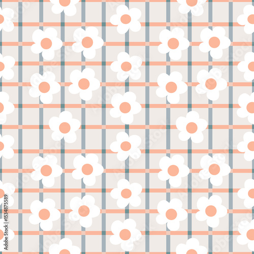 Seamless floral pattern with white daisy flowers on pastel plaid background. Ideal for fabric, wrapping paper, kids’ products, and home decor.