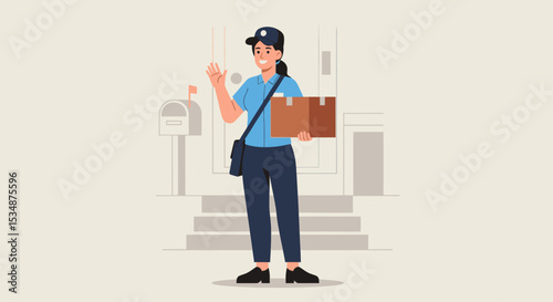 Friendly Delivery Woman, Package,  Mailbox,  Illustration