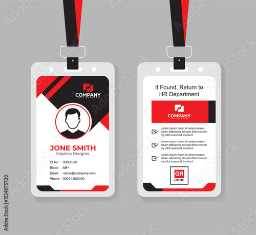 Corporate Red and Black ID Card Vector Design for Office Employees
