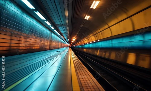 Futuristic Train Tunnel with Blur Motion in Blue and Yellow Tones Reflecting Light Inside Modern Subway Station for