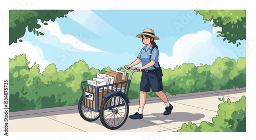 Postal Worker Delivering Mail on Sunny Day Illustration
