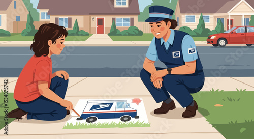 Postal Worker and Child Drawing Mail Truck on Sidewalk
