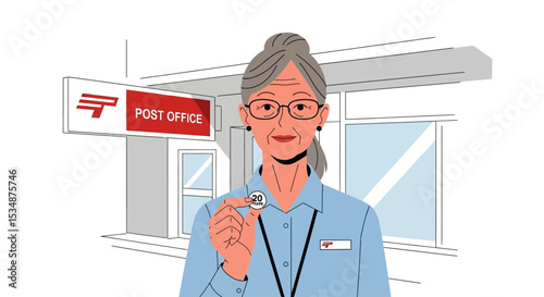 Friendly Post Office Worker Holding a Stamp