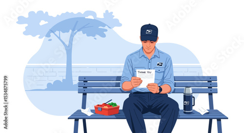 Delivery Person Reading a Thank You Note on a Park Bench