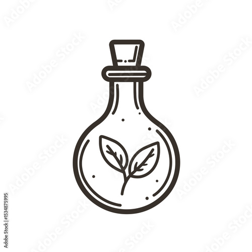 Outline Drawing of an Erlenmeyer Flask with Leaves Inside on a White Background