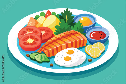 Breakfast tray with eggs sausage beans and cups of coffee