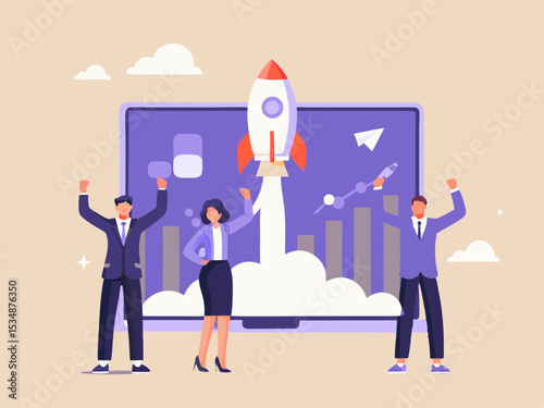 Successful business launch with team celebrating in front of a screen showing growth charts and a rocket taking off vector