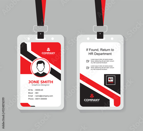Corporate Red and Black ID Card Vector Design for Office Employees
