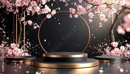 ステ―ジと桜、幻想的でスタイリッシュ、ゴージャスな背景画像 Generated by AI