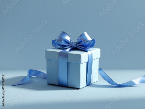 Luxury box tied with a blue ribbon in blue background. AI Generative. 