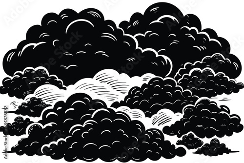 Black and white illustration of rain clouds with raindrops