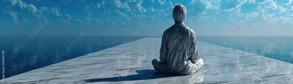 Fototapeta premium Peaceful mindset with rest, balance and self journey concept. A serene figure meditating on a tranquil, endless pathway.