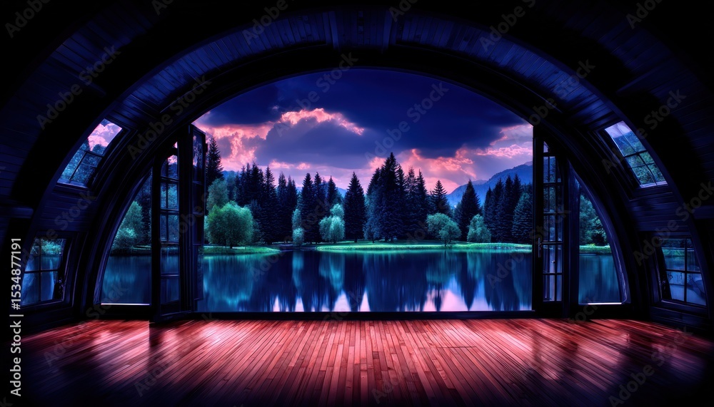 Fototapeta premium Interior view, arched windows, serene lake