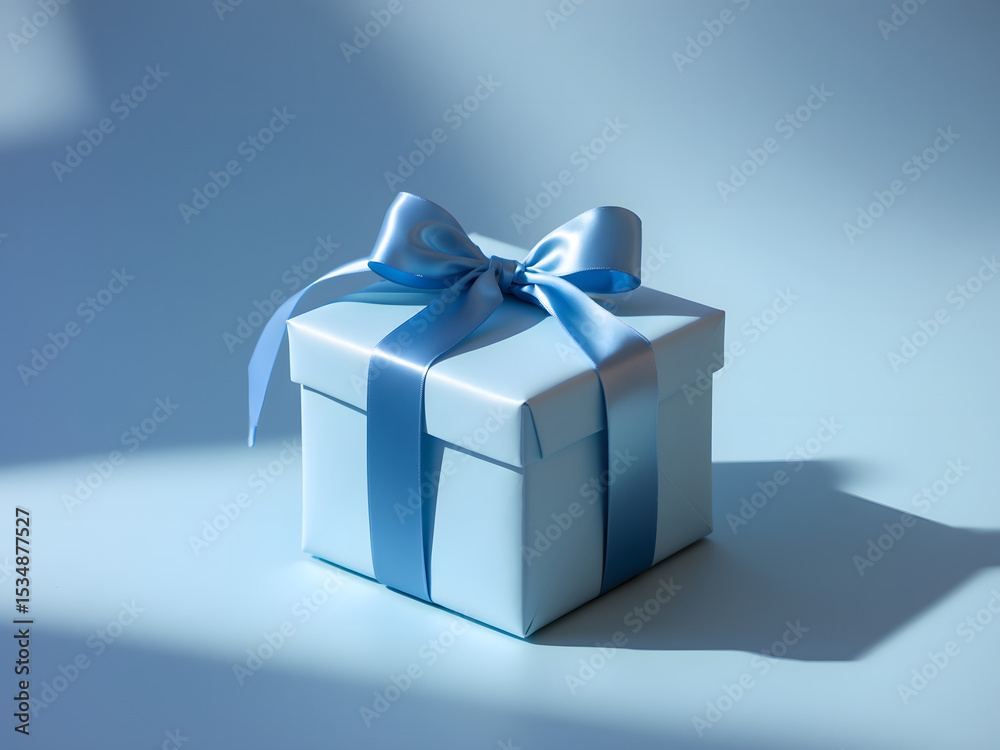 Obraz premium Luxury box tied with a blue ribbon in blue background. AI Generative. 